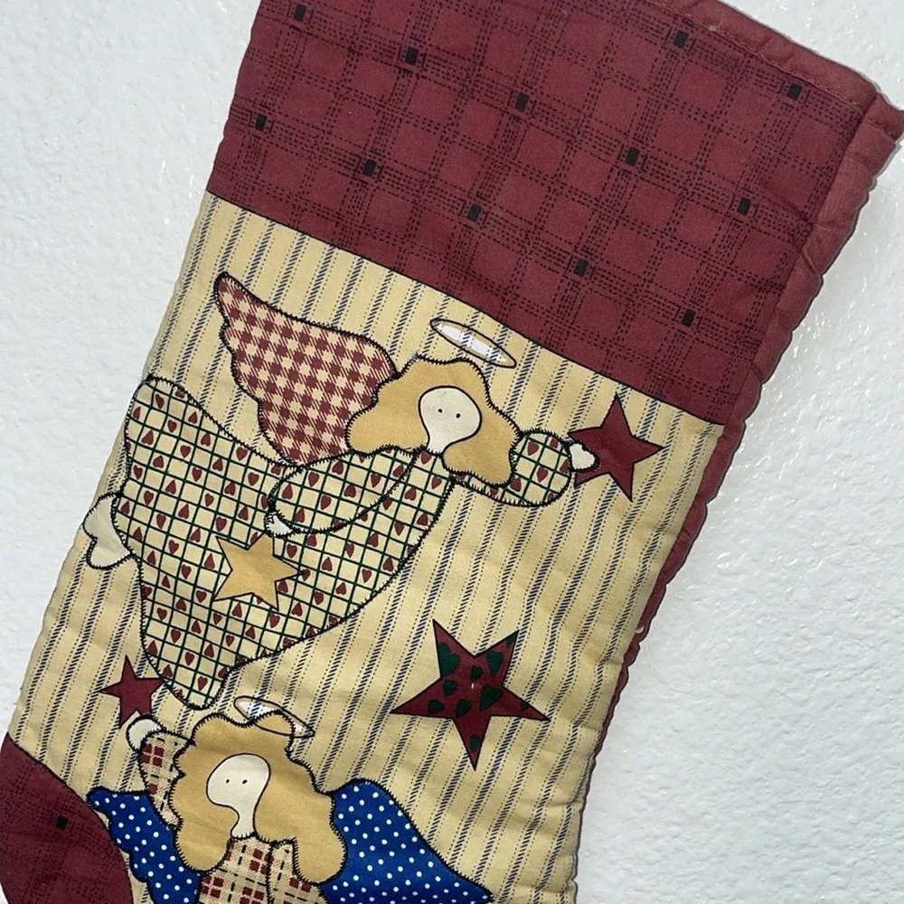 Festive Burgundy and Tan Angels and Stars Holiday Christmas Farmhouse Stocking